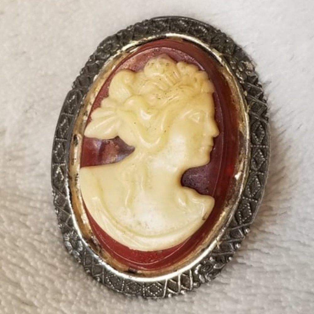 Antique 1920's Sterling Silver Cameo Pin Brooch